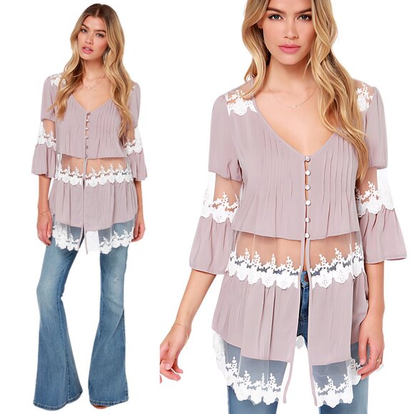 Taupe Boho Lace Accent Bohemian Style Summer Button Blouse Top NEW NWT - Picture 1 of 6